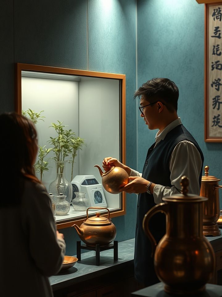 顾客正在实验室窗口观摩熬制过程，工作人员手持古法铜壶进行讲解