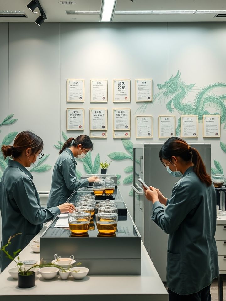 品牌总部现代化茶饮研发中心实景图，工作人员调试智能制茶设备，背景墙面展示“龙的良方式茶”专利工艺证书