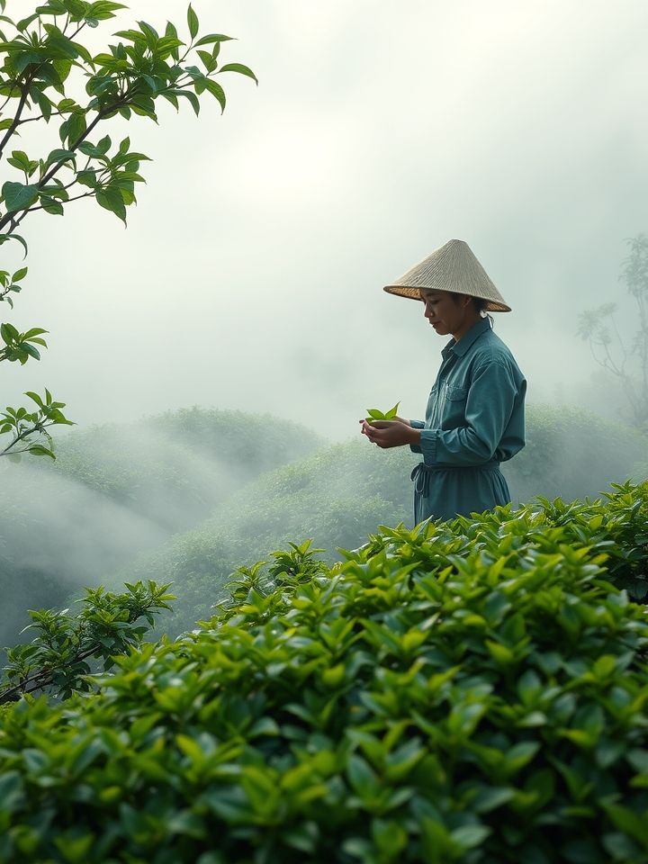 云雾缭绕的生态茶园中，茶农手工采摘六堡茶鲜叶，展现原料的自然纯净。