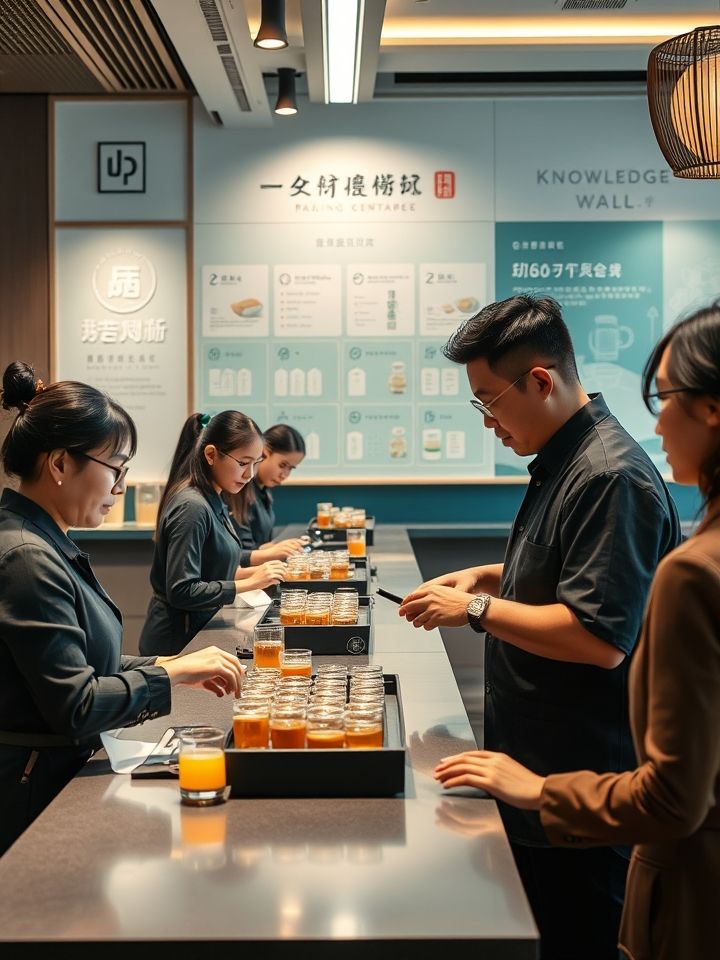呈现总部培训场景，加盟商在导师指导下学习饮品制作技术，背景有产品知识墙