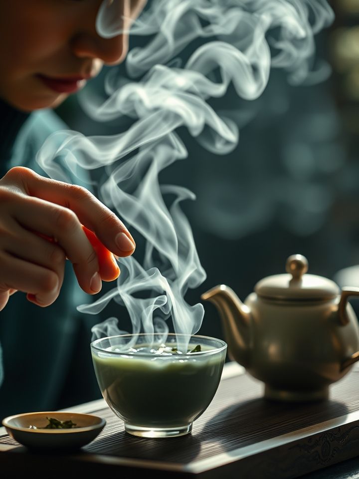 茶艺师现场冲泡特写，蒸汽中茶叶舒展动态
