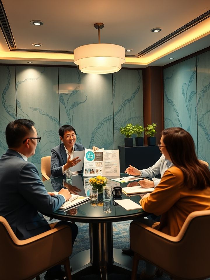 总部加盟顾问在明亮会议室中展开项目规划图与加盟商热情交流，讲解合作流程