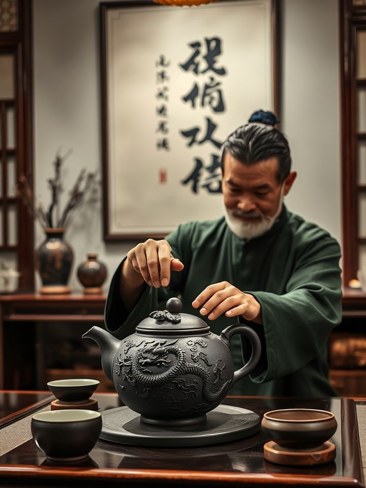 中式书房内，茶艺师用龙纹紫砂壶冲泡茶叶，背景书法“三泡见天地”