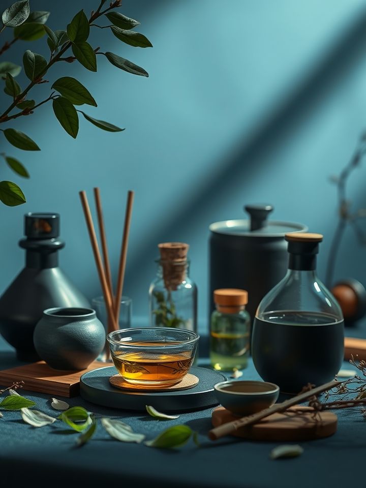 茶叶茶解药性是真的吗相关的**插图1**：传统茶具旁摆放药瓶与中医典籍，背景为茶叶舒展的动态效果。