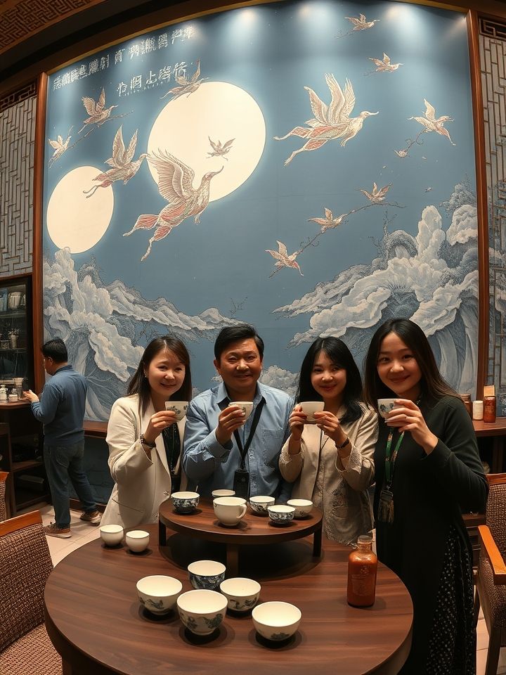 门店全景图，融合敦煌壁画元素的现代茶饮空间，顾客手持特色杯型产品与飞天主题墙绘合影