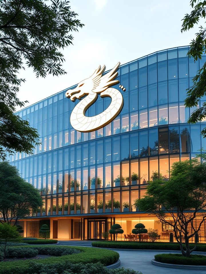 龙形LOGO与江南建筑融合的总部外观，玻璃幕墙透出内部茶饮实验室光影