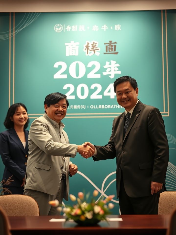 拍摄加盟签约仪式照片，创业者与品牌代表握手，背景为“龙的良方茶饮2024战略合作启动”横幅