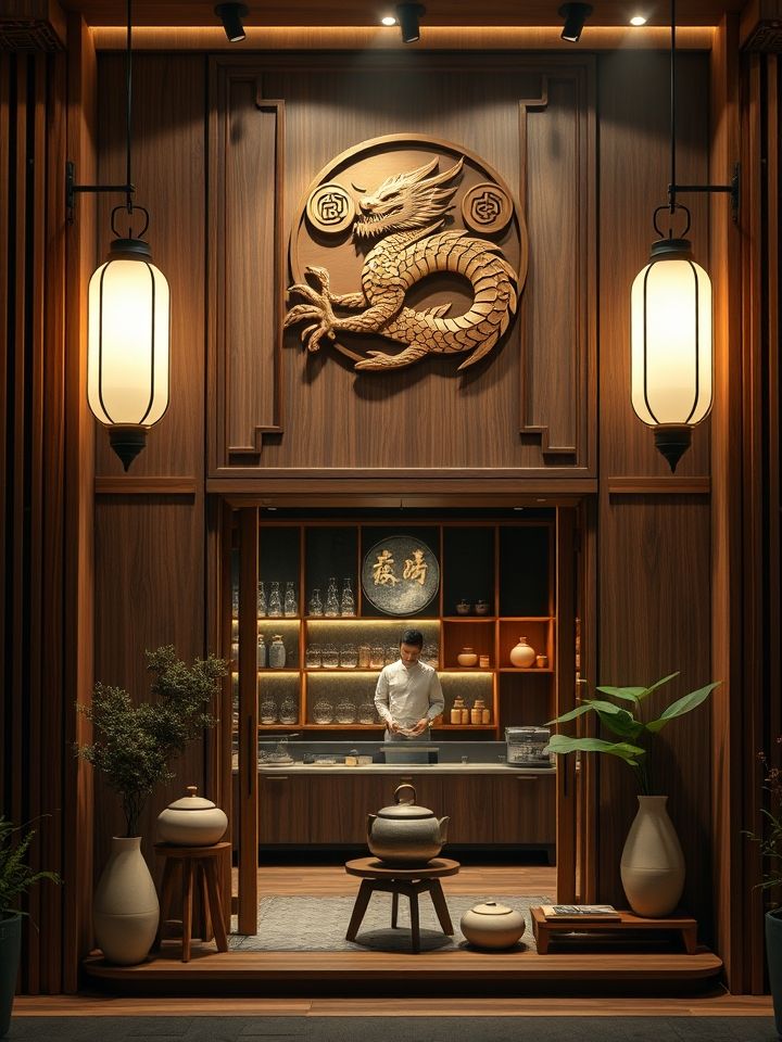展示龙的良方式茶门店木质风格门头与现制茶饮过程的品牌展示图