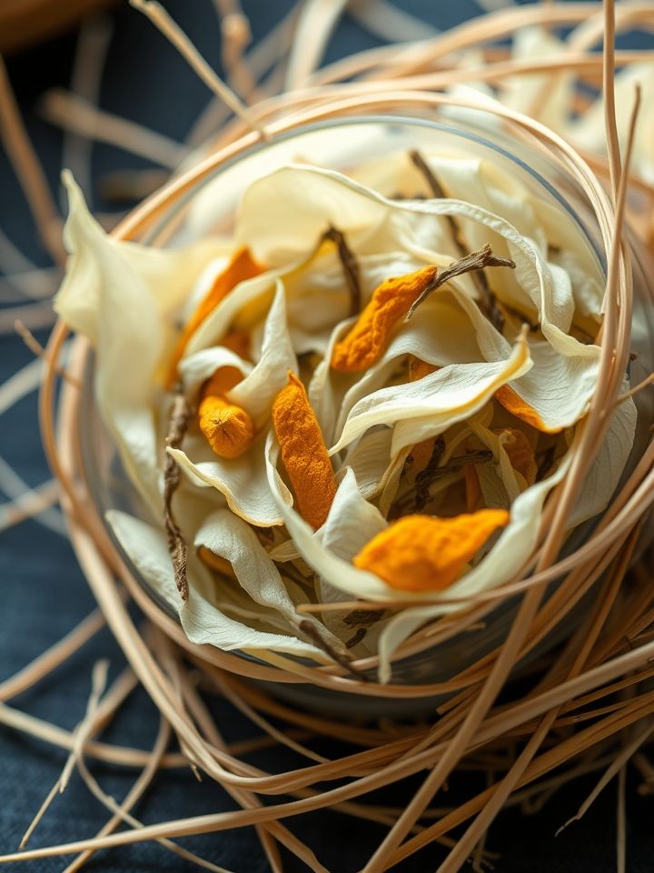 三宝茶是什么茶相关的**插图1**：特写镜头下，金黄陈皮包裹白茶叶，禾秆草自然缠绕，展现原料的本真之美。