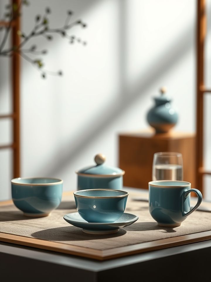 四款新品组合陈列，青瓷茶具与玻璃杯形成传统与现代碰撞