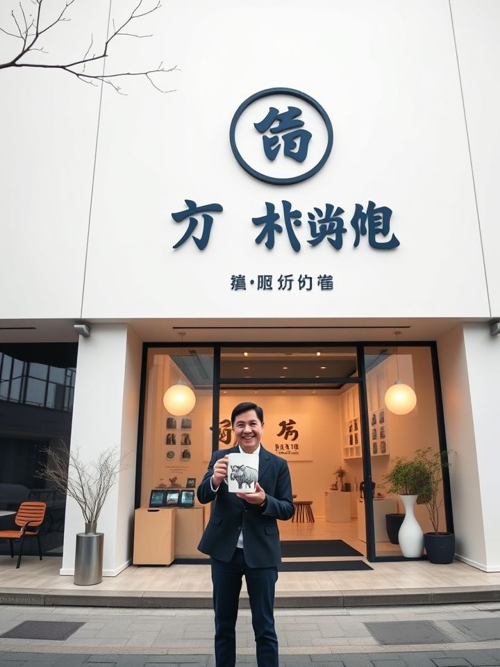 青海首店全景图，纯白极简门头搭配藏青色品牌标识，顾客手持印有牦牛图腾的限定杯型在店前打卡
