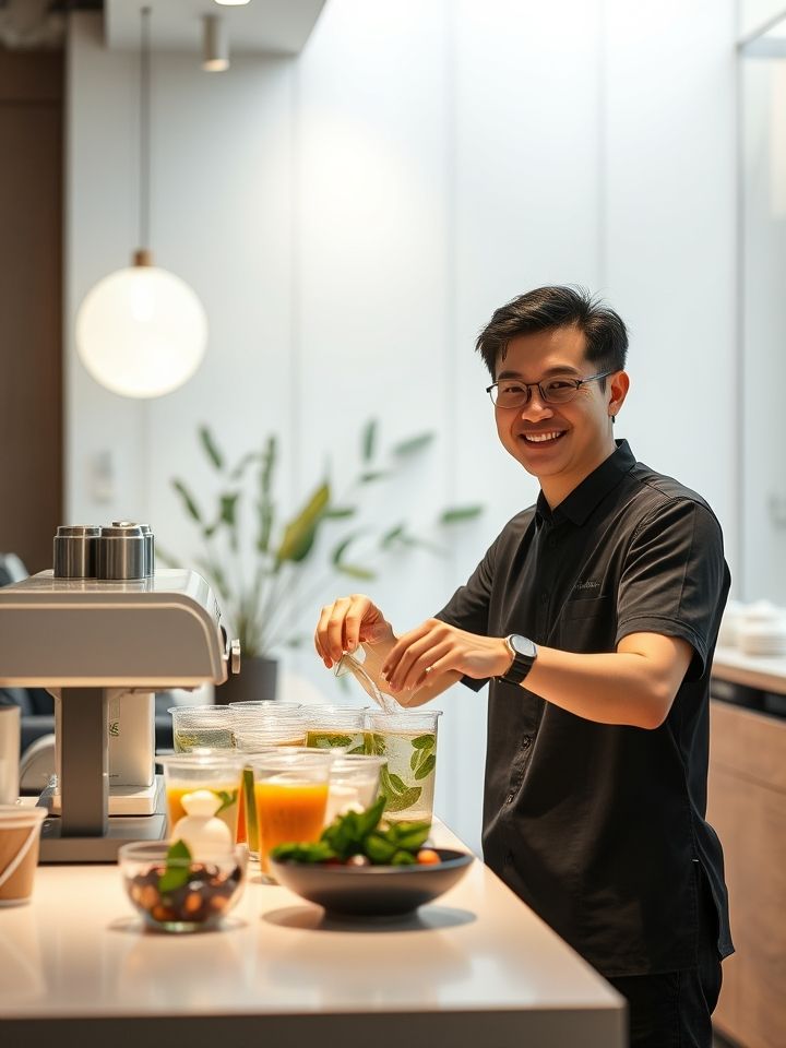 加盟店主笑容满面制作饮品，背景为明亮整洁的现代茶饮操作台