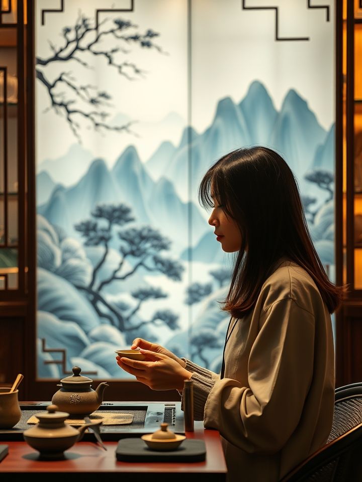 门店实拍图，顾客在山水屏风前品茶打卡