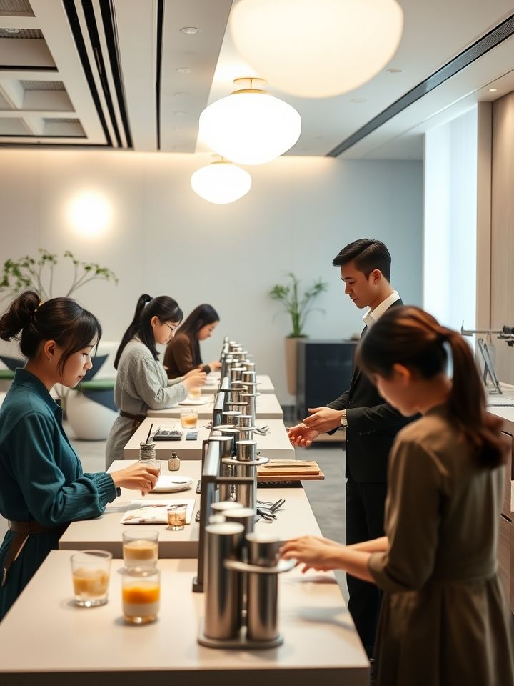 强调专业赋能过程，加盟商培训现场照片，学员在操作台前学习饮品制作，导师在旁指导