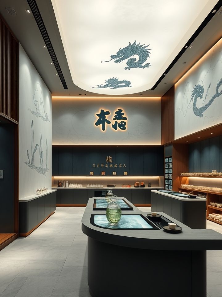 展示龙的良方式茶品牌智慧门店极简国风设计风格与智能点单系统