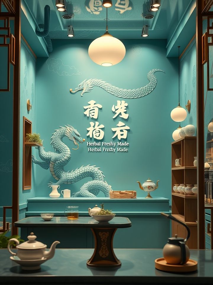 明亮整洁的龙的良方式茶标准门店实景，店员递特色产品，背景有“草本鲜制”标语