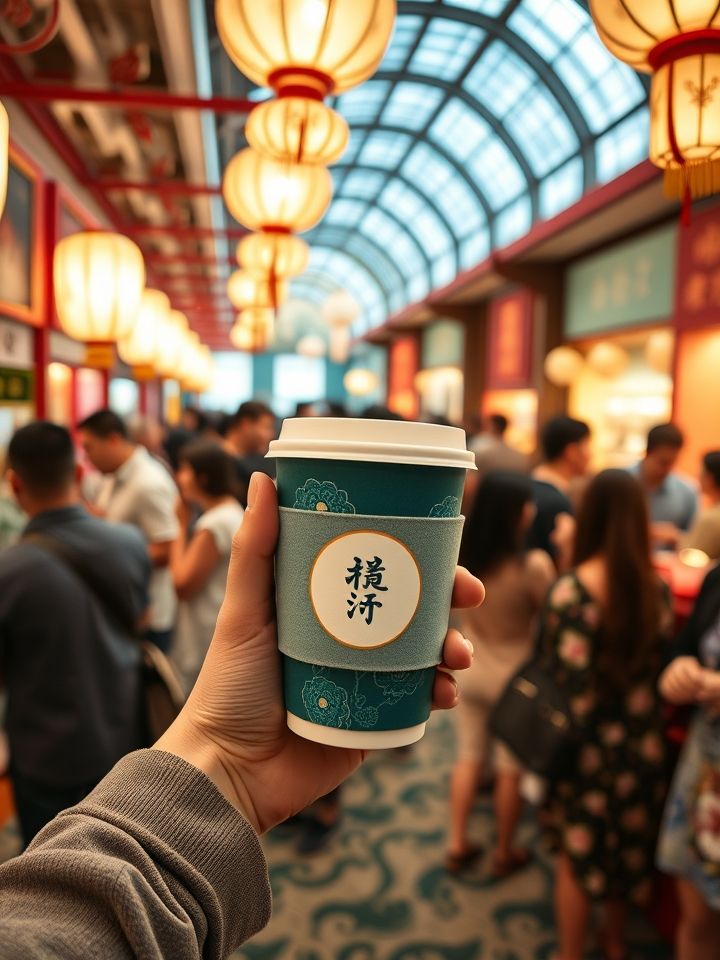 消费者持节气限定杯套产品，背景是品牌快闪活动热闹场景