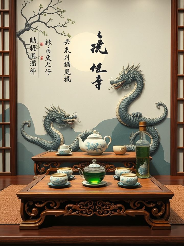 木质茶台陈列龙的良方式茶明星产品，背景墙有品牌古籍元素与现代极简风格融合视觉设计；插图2